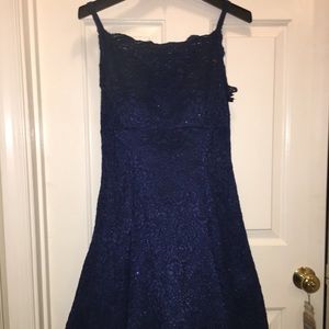 Navy blue, sparkly, off shoulder, homecoming dress